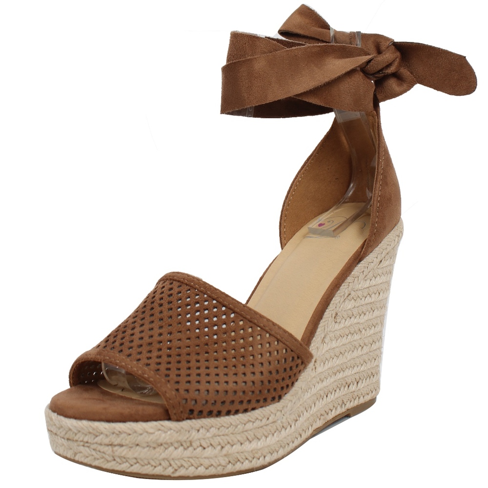 Lt Tan Perforated Lace Ankle Tie Espadrille Wedge - Picture 2 of 6